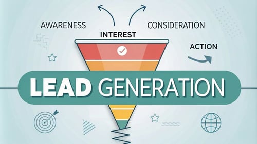 Infographic showing marketing funnel stages from attention to action, visualizing lead generation ideas and conversion flow.